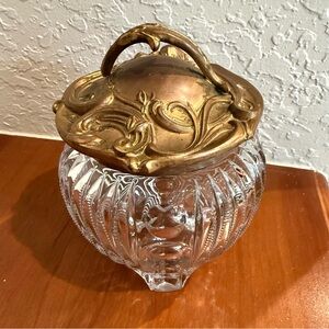 Vintage Art Nouveau Humidor Tobacco Glass Jar with Brass Lid
